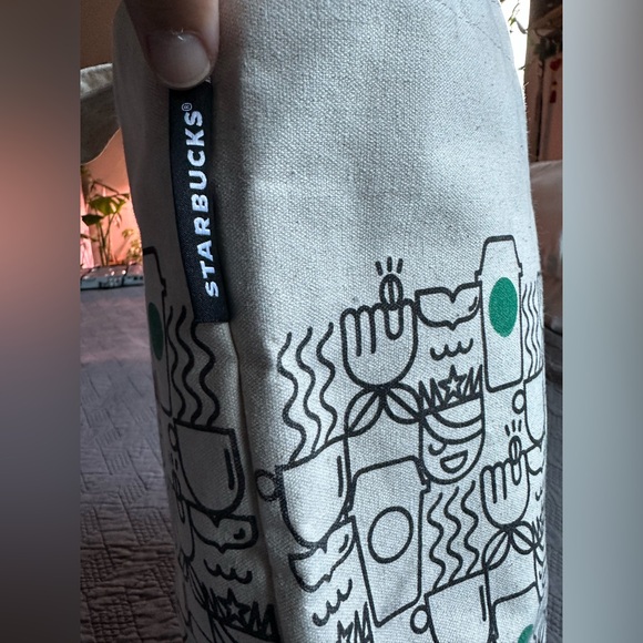 Starbucks Canvas Tote with Green and Black Art With Rubber Lining - Picture 1 of 11